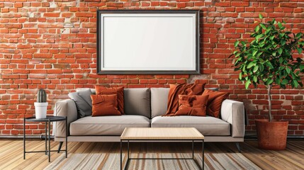 brick wall with sofa and table, and tree pot on the side, copy space