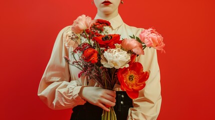 Elegant Woman Holding a Bouquet of Flowers Against Red Background