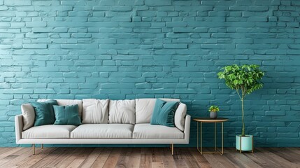 brick wall with sofa and table, and tree pot on the side, copy space