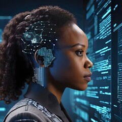 AI cyber security threat illustration, black african american female IT specialist analysing data information technology, augmented reality artificial intelligence collage, side profile, copy space