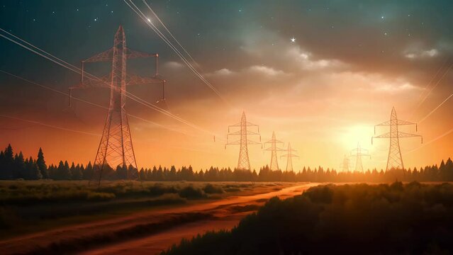 Electricity transmission towers with orange glowing wires the starry night sky. Energy infrastructure concept, energy, electricity, voltage, supply