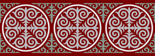 Kazakh ornaments. Strip of plant patterns. Ethno style.  Horizontal patterned design. Traditional patterns of Kazakhs. Ancient Turkic ornaments. Traditions of Kazakhstan. Decorative art of nomads. 