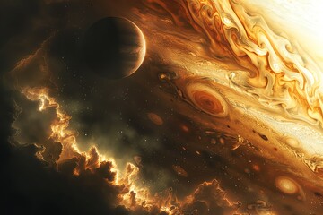 Dramatic and realistic Jupiter surface, intense cloud swirls, atmospheric lighting - obrazy, fototapety, plakaty