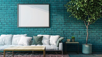 brick wall with sofa and table, and tree pot on the side, copy space