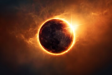 Full solar eclipse, realistic, dramatic corona, twilight lighting
