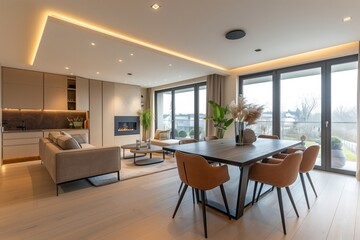 Modern interior design of apartment, dining room with table and chairs, empty living room with beige wall, panorama