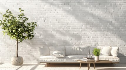 brick wall with sofa and table, and tree pot on the side, copy space