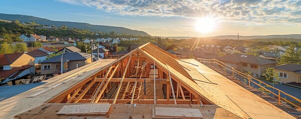 Carpenter adjusting wooden trusses on a new house roof, wide angle showing expansive construction site, with a backdrop of suburban development - obrazy, fototapety, plakaty