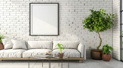brick wall with sofa and table, and tree pot on the side, copy space