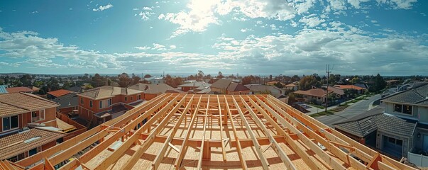 Carpenter adjusting wooden trusses on a new house roof, wide angle showing expansive construction site, with a backdrop of suburban development - obrazy, fototapety, plakaty