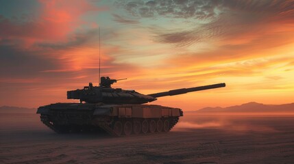 Military Tank in Desert at Sunset with Dramatic Sky