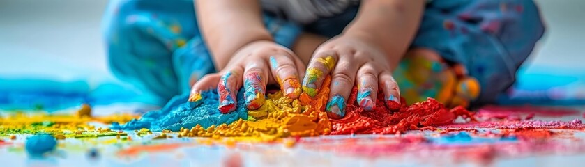 Closeup of a young childs hands joyfully playing with clay, vibrant colors and creative shapes on a clean white background, highlighting developmental play