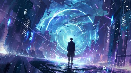 Futuristic Cityscape with Time Portal and Figure Looking Towards a Dynamic Light Display