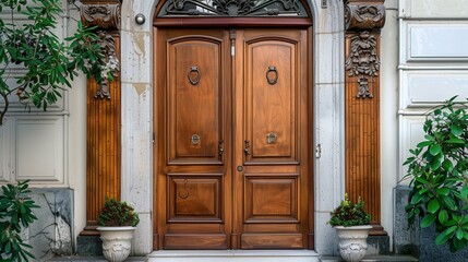 Traditional wooden door with raised panels and decorative molding