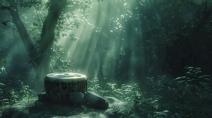 Mystical forest scene with an ethereal glow highlighting a lone drum