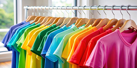 Vibrant Bright Colored Shirts on Wire Hangers Hanging on a Rack in a Bright and Airy Setting