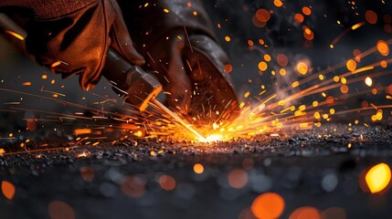 Closeup view of a welding process, with a focus on the welder s hands and the fiery sparks, illustrating the heat and skill involved in the trade