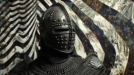 Surrealism of a medieval battle armor ensemble, complete with faulds and a bascinet, amidst a psychedelic 70s artwork backdrop, rich in monochromatic tones