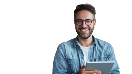 Mature man with a beard and glasses, holding a tablet and looking at the camera isolated on transparent background