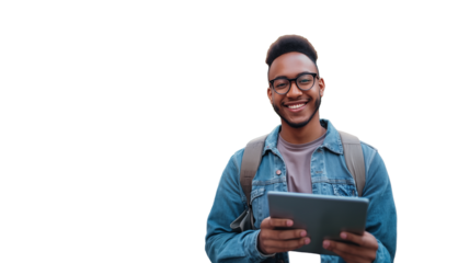 Young black man holding an ipad and smiling, looking at the camera