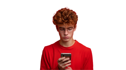 Young red haired man looking at his mobile phone