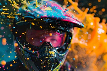 Close up of person in colorful paintball splattered helmet