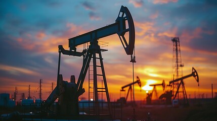 Closeup view of an oil pump silhouette during a colorful sunset, focusing on the machinerys outline against the fading light, evoking themes of energy and transition