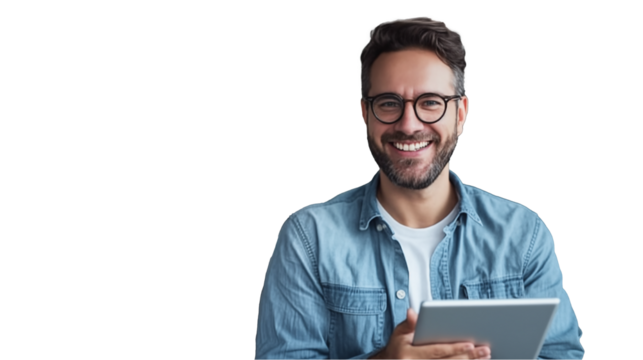 Mature man with a beard and glasses, holding a tablet and looking at the camera isolated on transparent background