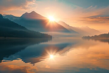 A magnificent landscape of a mountain lake with mountains and sky reflected in it. The concept for the development of tourism, mountaineering, skiing, rock climbing, excursions in the mountains.

