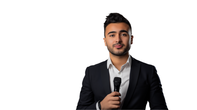 Young manager holding a microphone on a transparent background