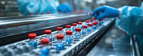 Detailed stock photo of a healthcare professional in sanitary gloves scrutinizing medical vials on an industrial conveyor, focusing on product integrity