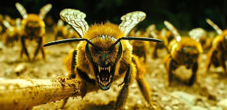 A swarm of killer bees with glowing red eyes