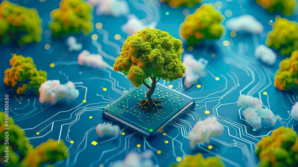 Poster a vivid depiction of a lush tree growing atop a microchip surrounded by fluffy clouds and circuit pa