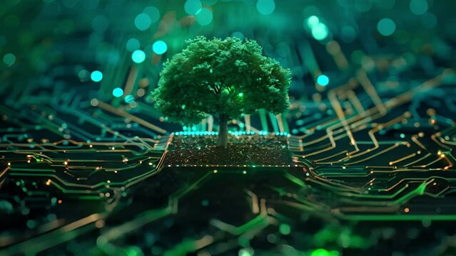 Tree with soil growing on the converging point of computer circuit board. Blue light and wireframe network background. Green Computing, Green Technology, Green IT, csr, and IT ethics Concept