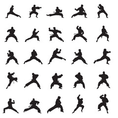 silhouettes set of a Karate Fighter doing multiple poses and actions no background