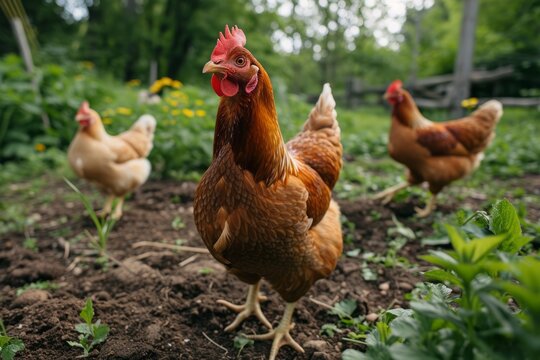 Chickens on a chicken farm grazing outdoors, domestic animal husbandry concept
