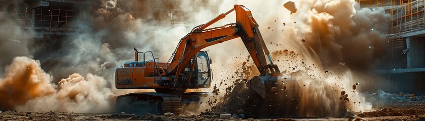 Heavyduty excavator in action, digging through earth at a construction site, dramatic clouds of dust and debris, symbolizing robust industrial activity