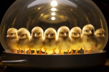 Newborn chickens sit in an incubator, technology for raising poultry
