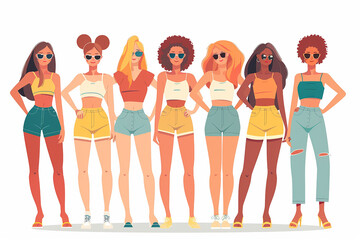 Group of beautiful women in summer clothes.   illustration in flat style
