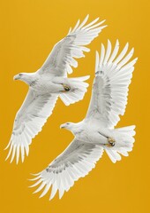 Soaring Eagles in Monochrome White Against Luminous Yellow