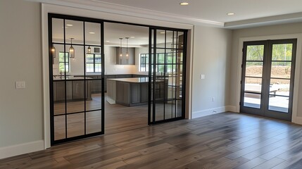Glass pocket doors with black metal frames for a contemporary look