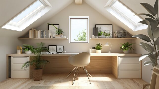 An attic conversion into a bright and airy home office space, featuring skylights and minimalist furniture.