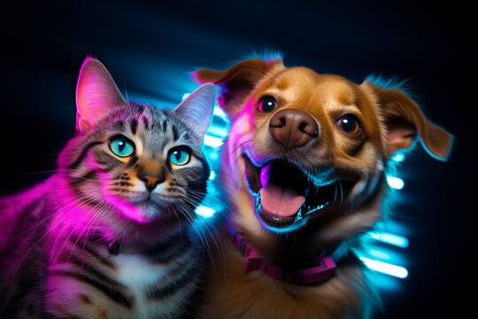 Cheerful comical dog with a cat take a selfie on camera in neon colors in a nightclub
