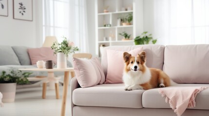 Cute dog lies on a comfortable sofa in a modern bright living room
