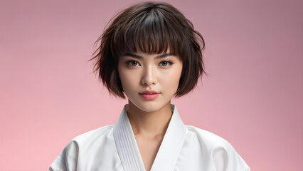 Pixie Cut Beauty: Asian Judo Athlete, Elegant Pixie Hairstyle on Asian Girl, Chic Pixie Look for Beautiful Asian Athlete, Stylish Hairdo: Asian Girl's Pixie Cut