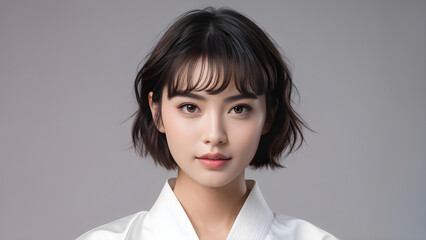 Pixie Cut Beauty: Asian Judo Athlete, Elegant Pixie Hairstyle on Asian Girl, Chic Pixie Look for Beautiful Asian Athlete, Stylish Hairdo: Asian Girl's Pixie Cut