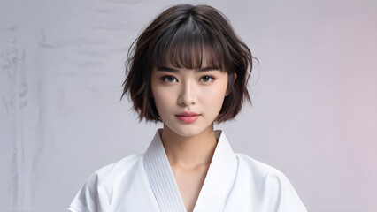 Pixie Cut Beauty: Asian Judo Athlete, Elegant Pixie Hairstyle on Asian Girl, Chic Pixie Look for Beautiful Asian Athlete, Stylish Hairdo: Asian Girl's Pixie Cut