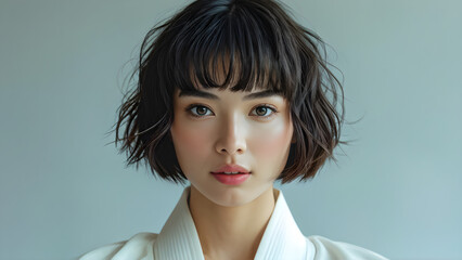 Pixie Cut Beauty: Asian Judo Athlete, Elegant Pixie Hairstyle on Asian Girl, Chic Pixie Look for Beautiful Asian Athlete, Stylish Hairdo: Asian Girl's Pixie Cut