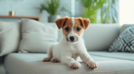 Cute puppy lies on a comfortable sofa in a modern bright living room.
