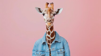 anthropomorphic giraffe in a denim stylish jacket isolated on a pink background, wild animal person...